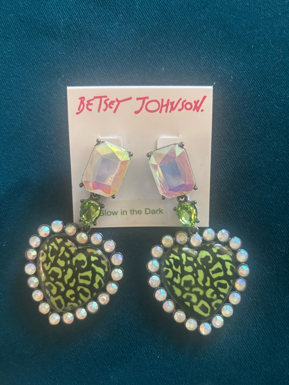 Betsey Johnson Neon Green Leopard Heart Drop Earrings with Aurora Crystals
